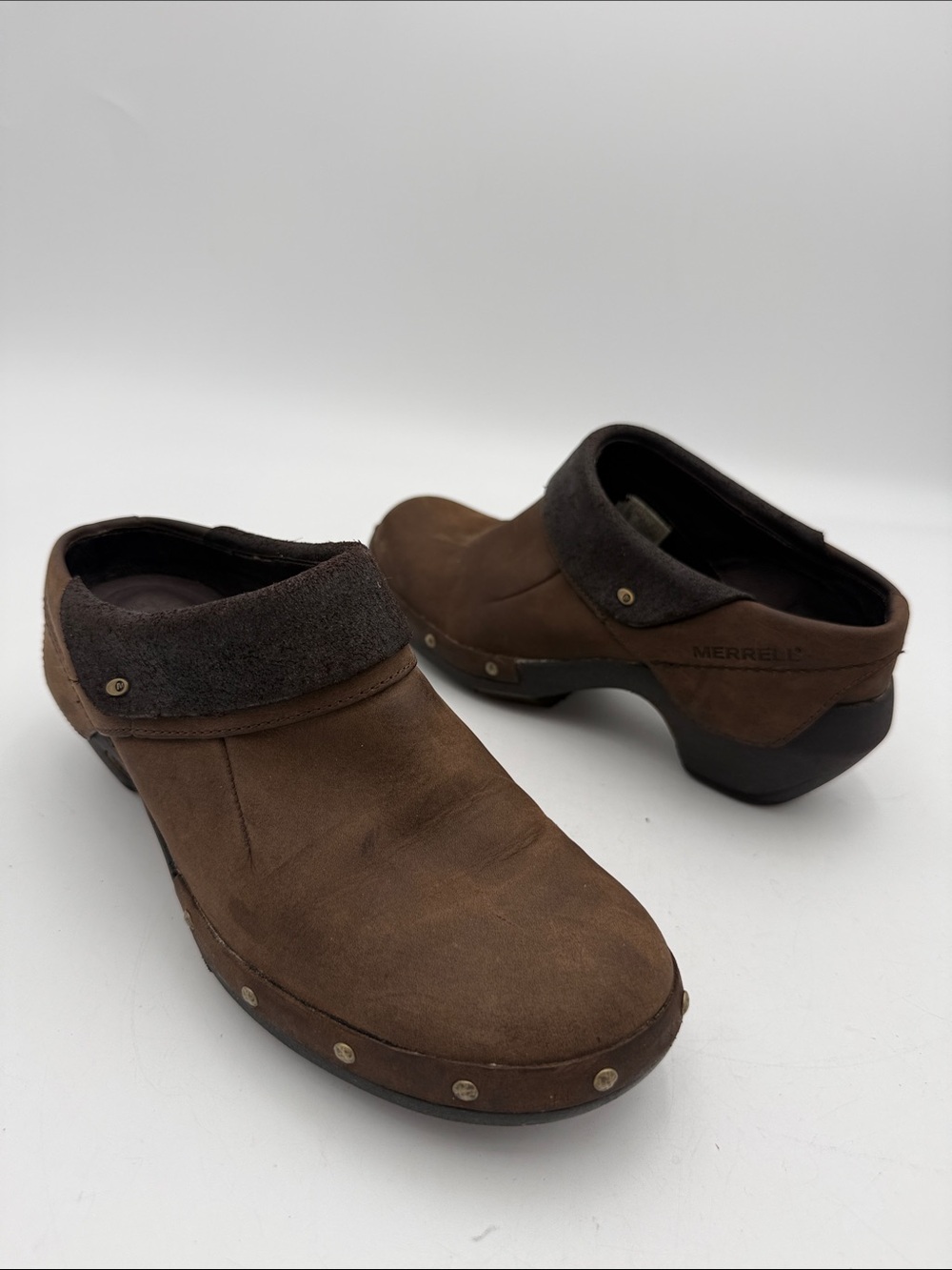 Merrell Brown Leather Clog Mule - Fold-Down Collar women 7.5 goth retro y2k